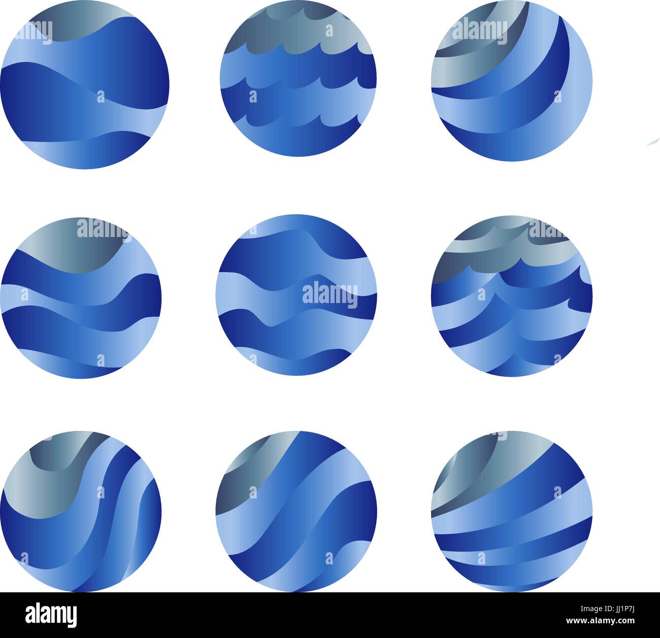 Abstrakte isoliert blau Ozeanwellen und Himmel Wolken Logos gesetzt. Wasser stilisierte Vektor-Logos-Sammlung. Runde Form flüssigen Satz Stock Vektor