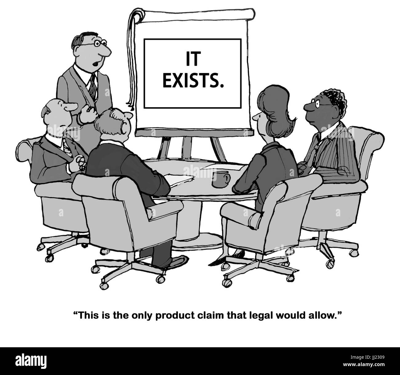 Geschäfts- und rechtliche Cartoon über Produktaussagen. Stockfoto