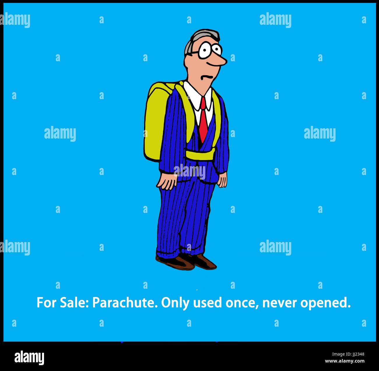 Comic-Illustration eines Mannes mit einem Fallschirm und ein Wortspiel darüber wird zum Verkauf. Stockfoto