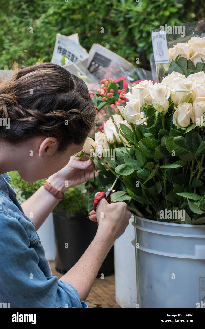 Frau Floristen arbeiten an Hochzeit Blumen in einem Workshop mit Gänseblümchen, Rosen, snapdragons, in Weiß und Rosa. Stockfoto