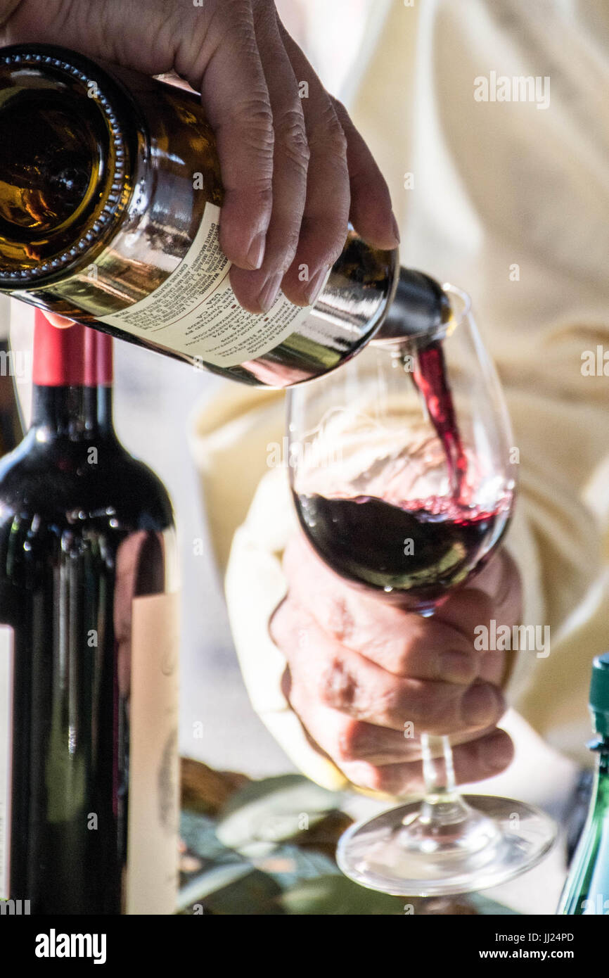 Nachmittag Weinprobe Event mit Wein gießen draußen in einem Napa Valley Weinberg Stockfoto