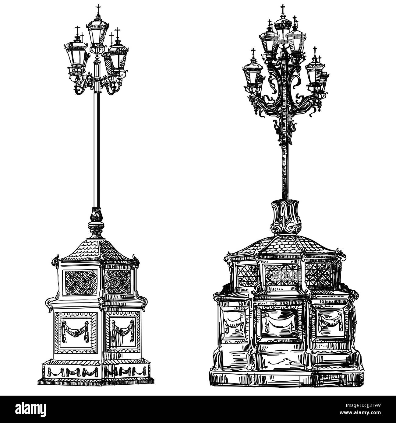 Antike Laternen in der Nähe von Kathedrale von Christus dem Erlöser in Moskau Vektor isoliert Handzeichnung Abbildung Stock Vektor