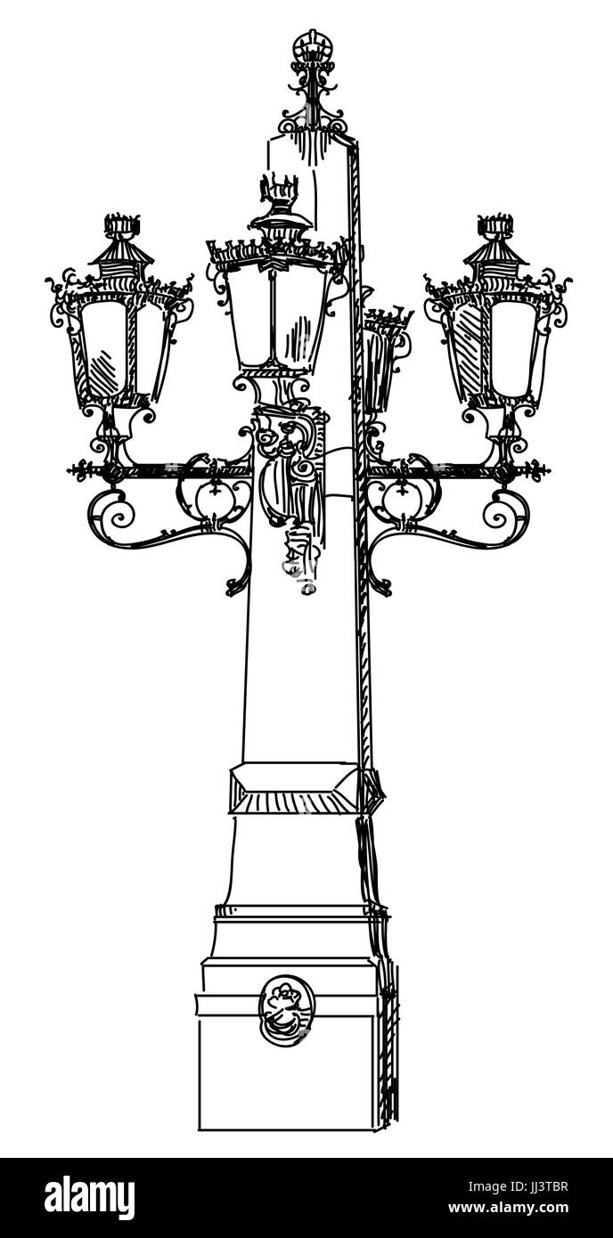Handzeichnung, die isolierte Darstellung der alte Straßenlaterne in schwarzer Farbe auf weißem Hintergrund Stock Vektor