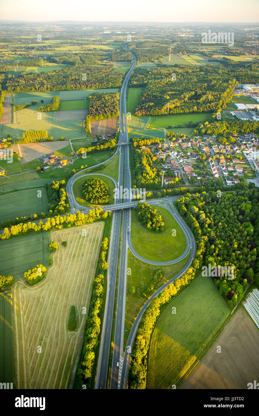 Kreuzung Rünthe, Autobahn A1, Bergkamen, Ruhr und Umgebung, Nordrhein-Westfalen, Deutschland Stockfoto