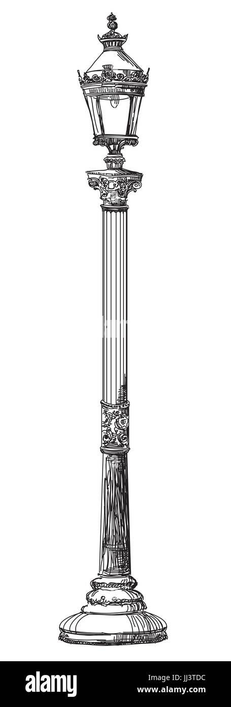 Handzeichnung, die isolierte Darstellung der alte Straßenlaterne in schwarzer Farbe auf weißem Hintergrund Stock Vektor
