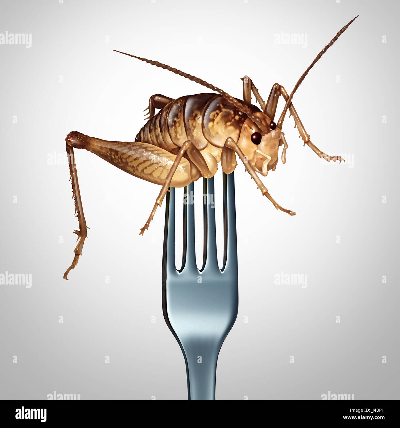 Verzehr von Insekten und Bugs als exotische Küche und alternative proteinreiche Ernährung essen als eine Gabel in einem Cricket-Insekt als Symbol zu essen. Stockfoto