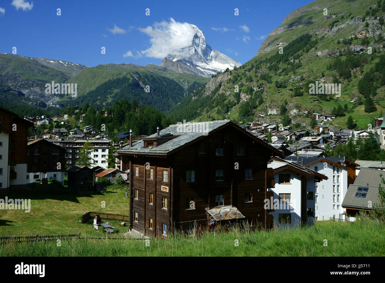 Stadt Zermatt mit Matterhorn, Schweizer Alpen, Schweiz Stockfoto