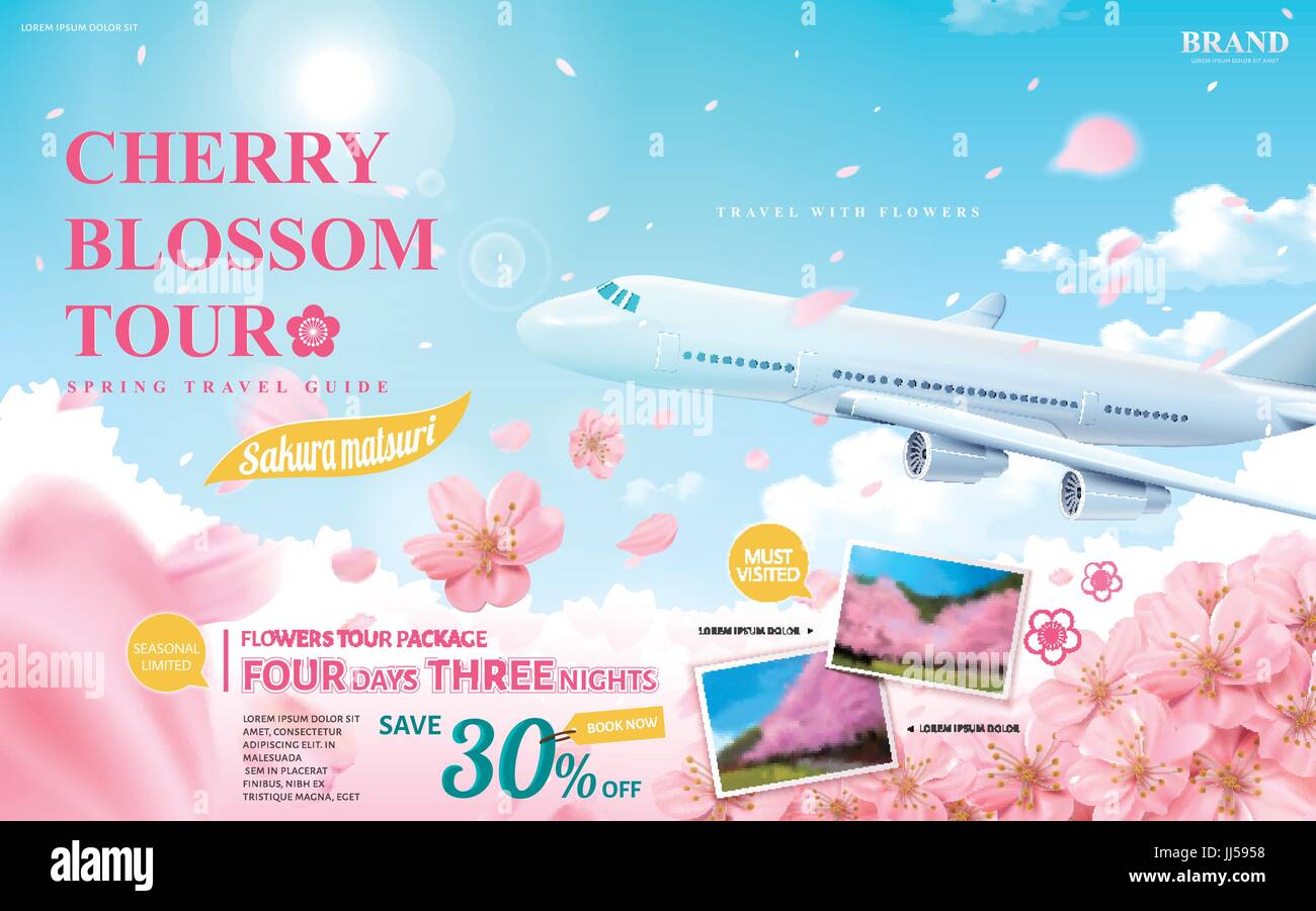 Kirschblüte Tour n. Chr. Frühling Reiseführer für Reisebüro oder Blog mit fliegenden Blumen und Flugzeuge in 3d illustration Stock Vektor