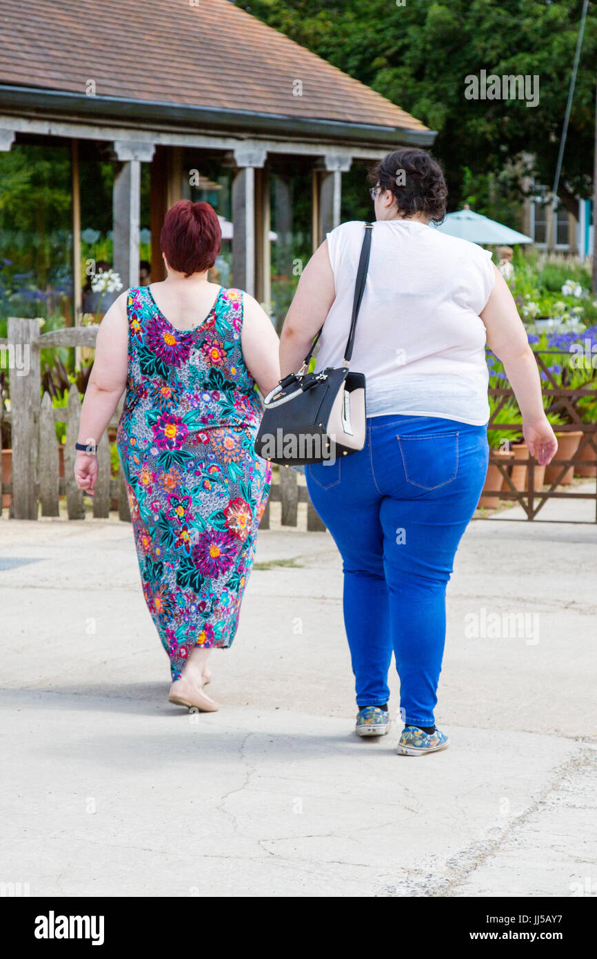 Zwei übergewichtige Frauen gehen auf ein Restaurant. Stockfoto