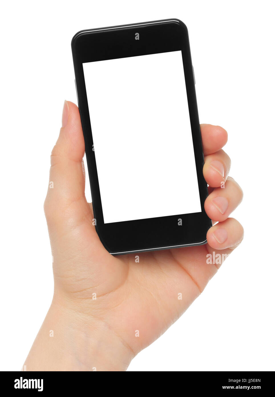 Hand mit Smartphone auf weißem Hintergrund Stockfoto