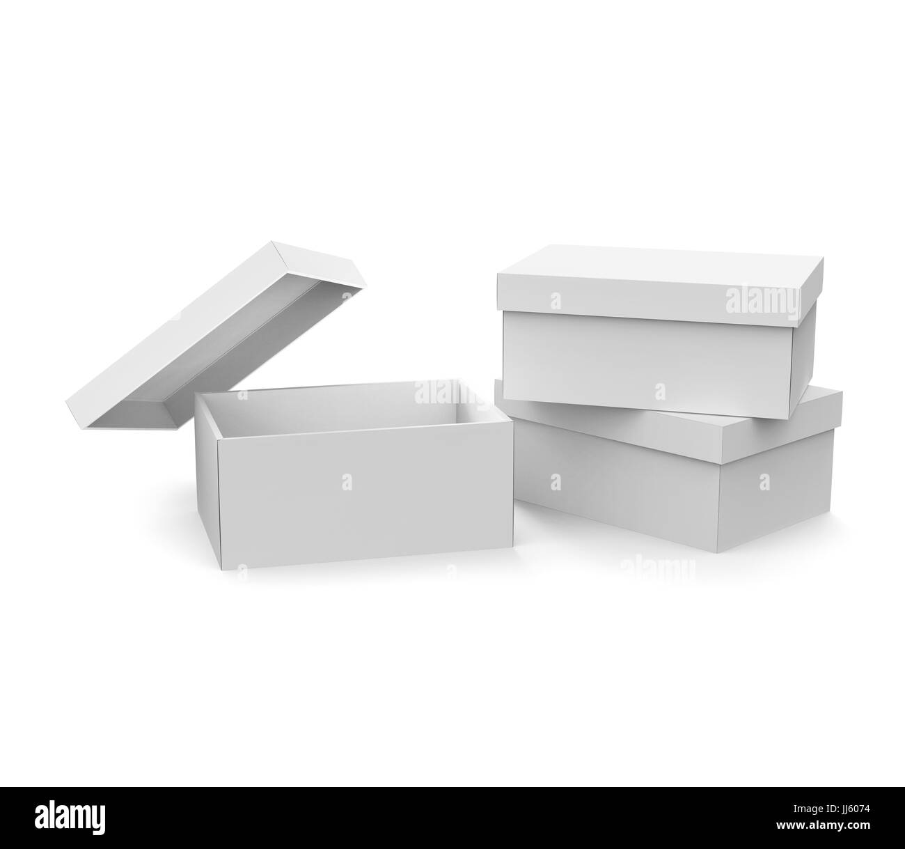 Blankopapier Feld Vorlage drei Boxen Mockup mit Deckel in 3D-Rendering, ein offenes und Deckel drauf schlanke Stockfoto