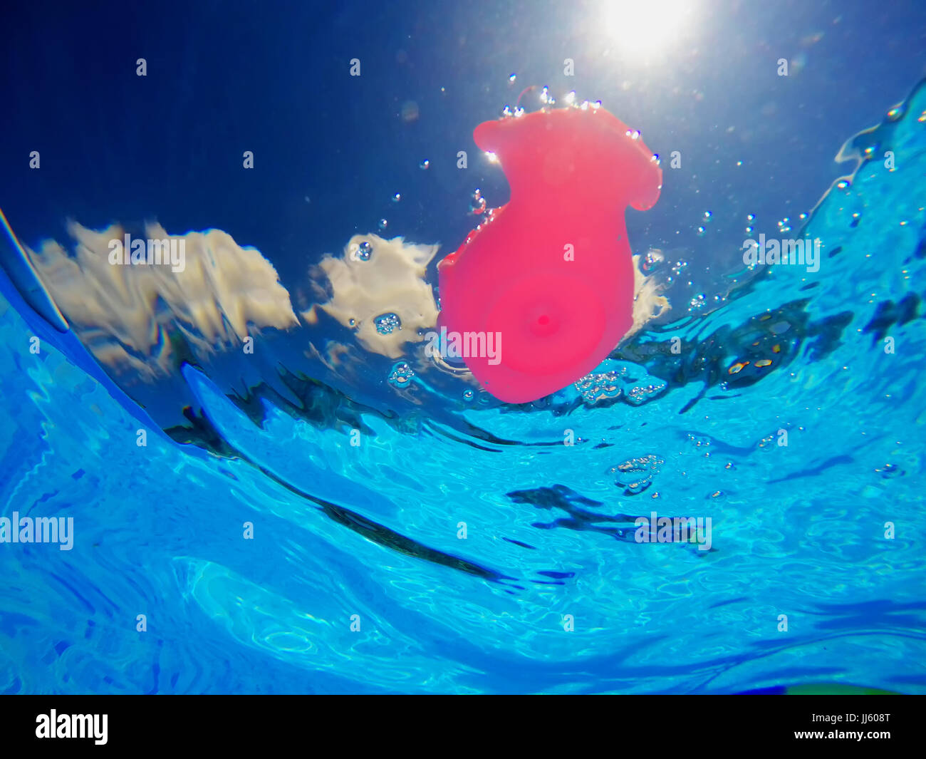 Generische Kautschuk Fisch Spielzeug schweben im Schwimmbad, im Sommer Aktivität und Genuss, Unterwasser-Blick Stockfoto