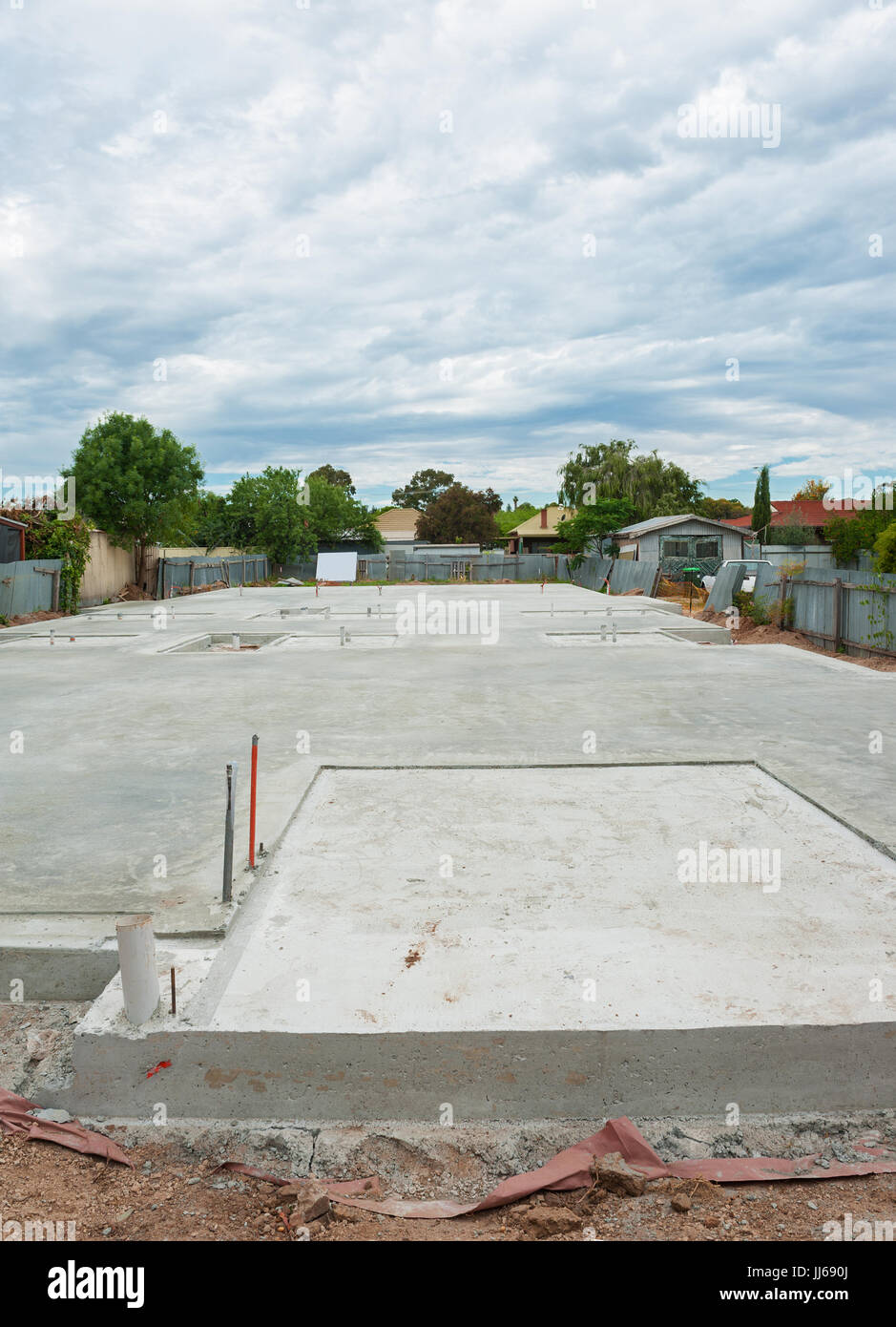 Website der Bauvorbereitung für das Hausfundament Stockfoto