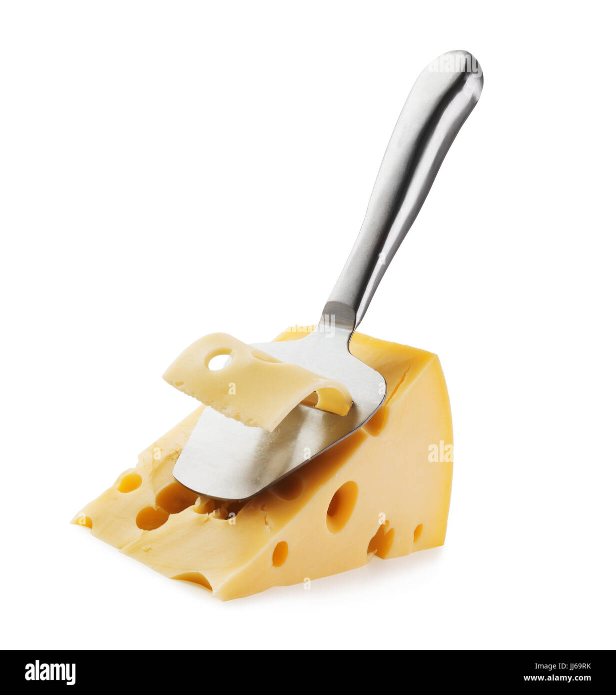 Stück Käse mit Löchern und Käse Messer Aufschnittmaschine auf weißem Hintergrund Stockfoto