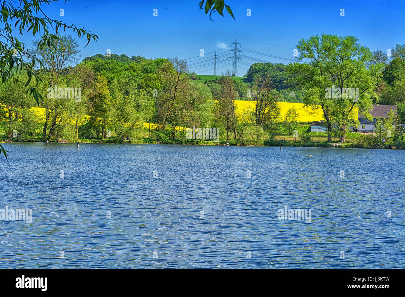 Blick auf den Abtskuecher Teich in Heiligenhaus, Deutschland. Stockfoto