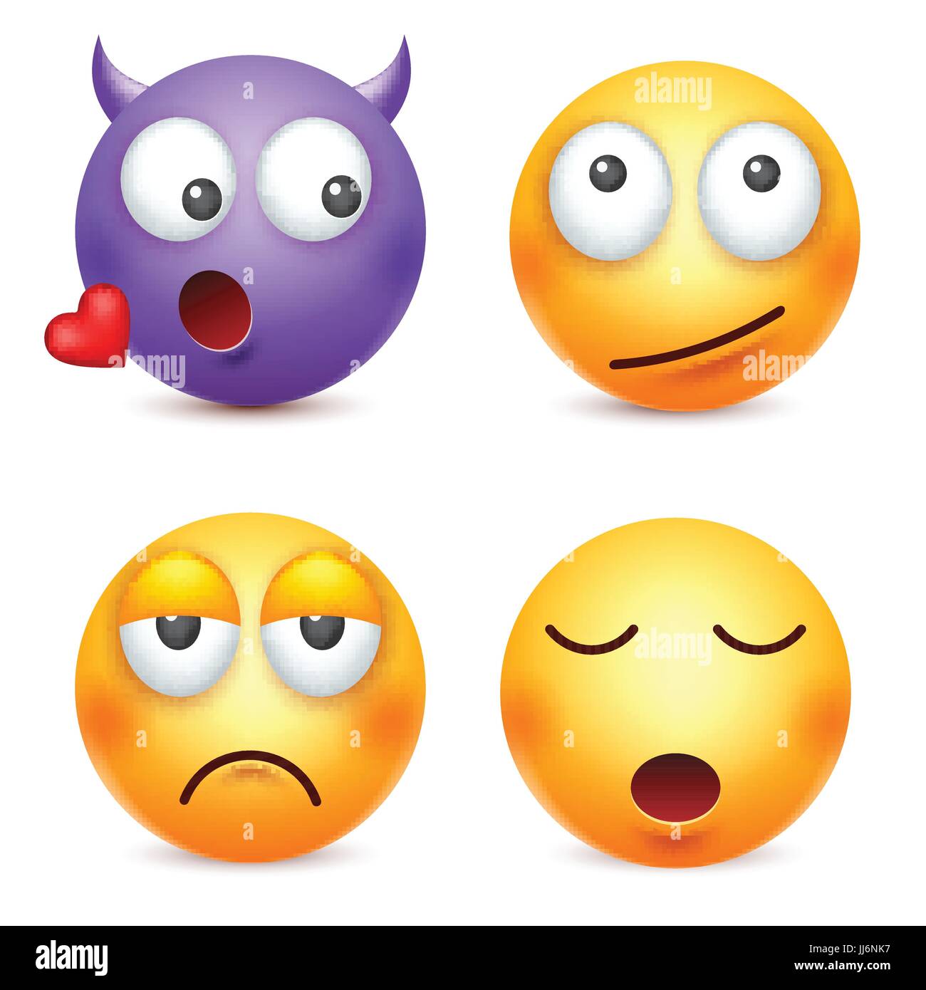 Smiley, Emoticon-Satz. Gelbes Gesicht mit Emotionen. Gesichtsausdruck. 3D realistisch Emoji. Traurig, glücklich, wütend Gesichter. Lustige Comic-Figur. Stimmung. Web-Symbol. Vektor-Illustration. Stock Vektor