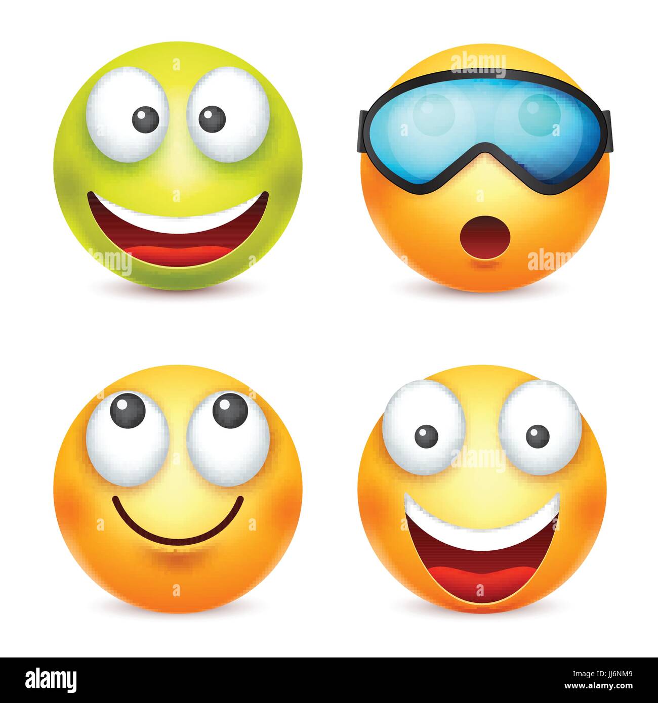 Smiley, Emoticon-Satz. Gelbes Gesicht mit Emotionen. Gesichtsausdruck. 3D realistisch Emoji. Traurig, glücklich, wütend Gesichter. Lustige Comic-Figur. Stimmung. Web-Symbol. Vektor-Illustration. Stock Vektor