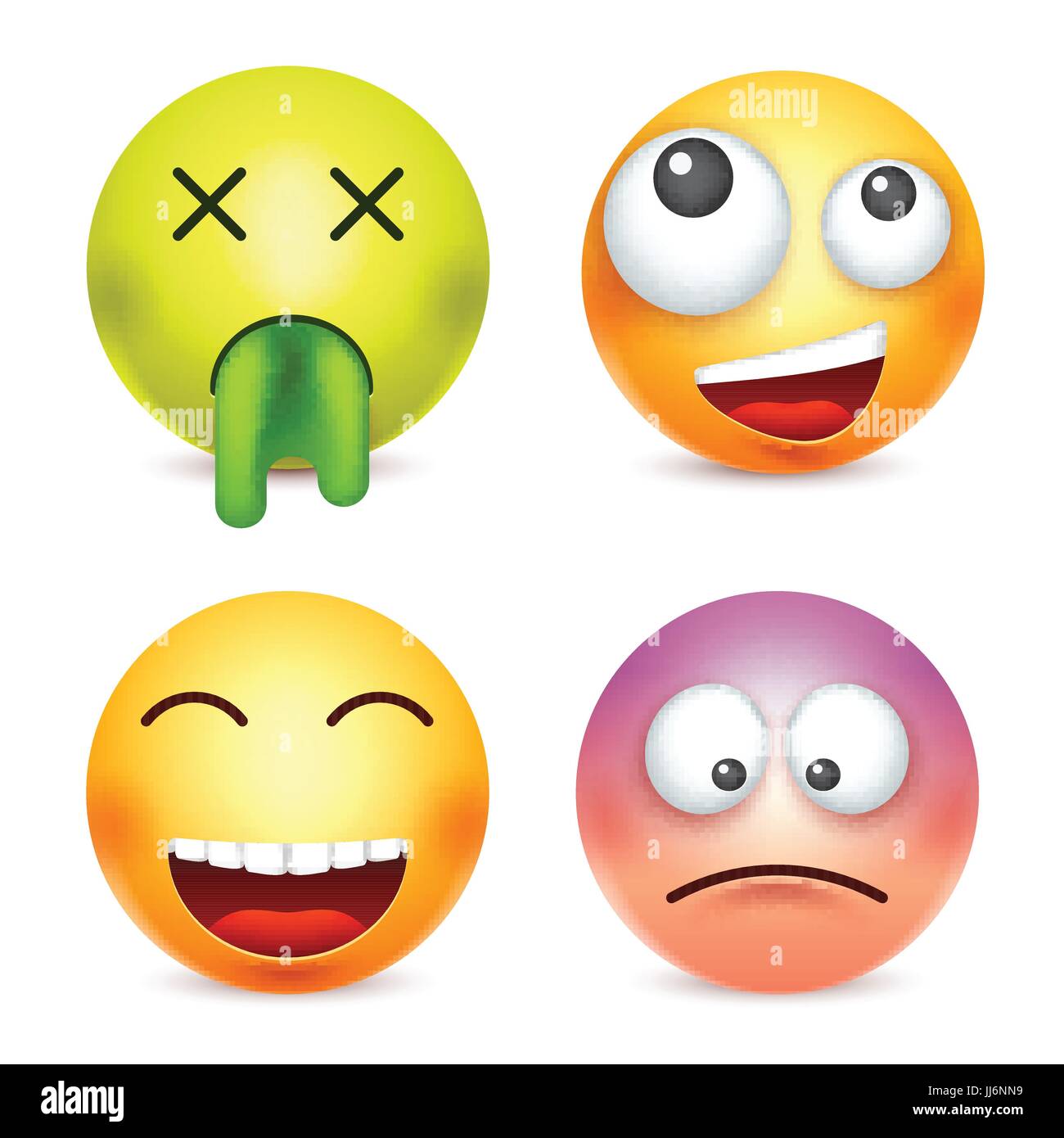 Smiley, Emoticon-Satz. Gelbes Gesicht mit Emotionen. Gesichtsausdruck. 3D realistisch Emoji. Traurig, glücklich, wütend Gesichter. Lustige Comic-Figur. Stimmung. Web-Symbol. Vektor-Illustration. Stock Vektor
