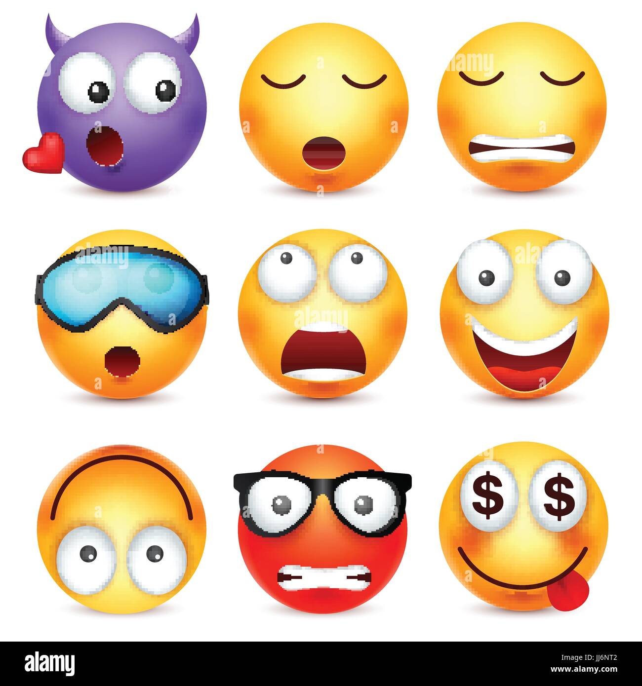 Smiley, Emoticon-Satz. Gelbes Gesicht mit Emotionen. Gesichtsausdruck. 3D realistisch Emoji. Traurig, glücklich, wütend Gesichter. Lustige Comic-Figur. Stimmung. Web-Symbol. Vektor-Illustration. Stock Vektor