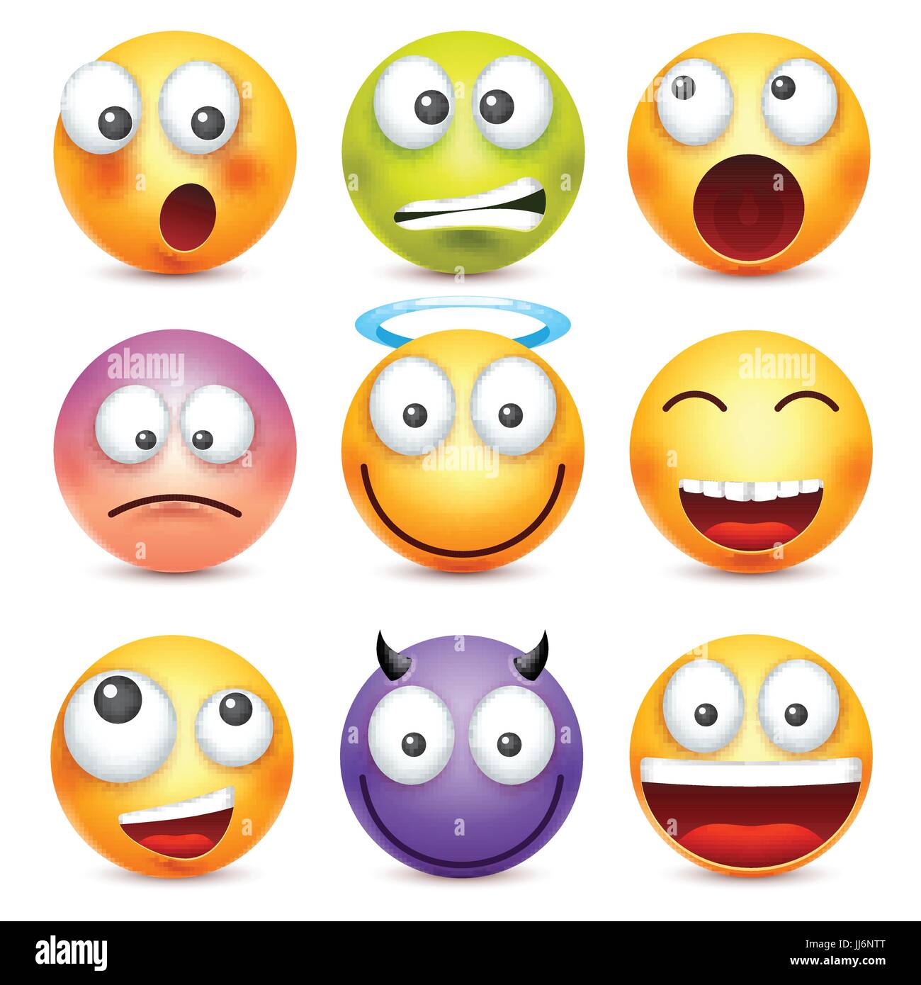 Smiley, Emoticon-Satz. Gelbes Gesicht mit Emotionen. Gesichtsausdruck. 3D realistisch Emoji. Traurig, glücklich, wütend Gesichter. Lustige Comic-Figur. Stimmung. Web-Symbol. Vektor-Illustration. Stock Vektor