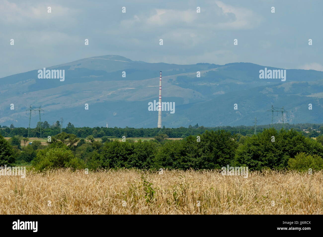 Majestätische Berggipfel, überwachsen mit Wald, Reife Weizen Feld und Grass Lichtung, zentralen Balkangebirges, Stara Planina, Bulgarien Stockfoto