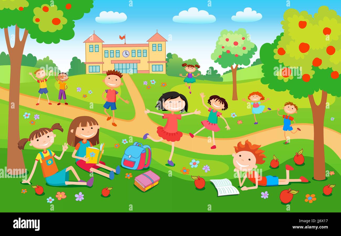 Kinder spielen auf dem Rasen im Park vor der Schule Stock Vektor