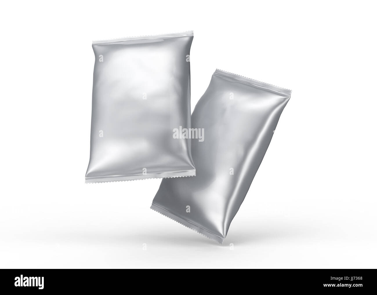 Essen Paket Mockup, 3d Rendering Silberpaket Vorlage für die Gestaltung Verwendung zu vereiteln, Tasche, in der Luft schweben Stockfoto