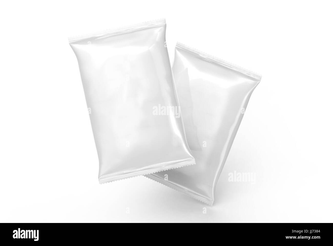 Perle weiße Folie Paket Mockup, nutzt leere Tasche Vorlage für Design in 3D-Rendering, schwebend in der Luft Stockfoto