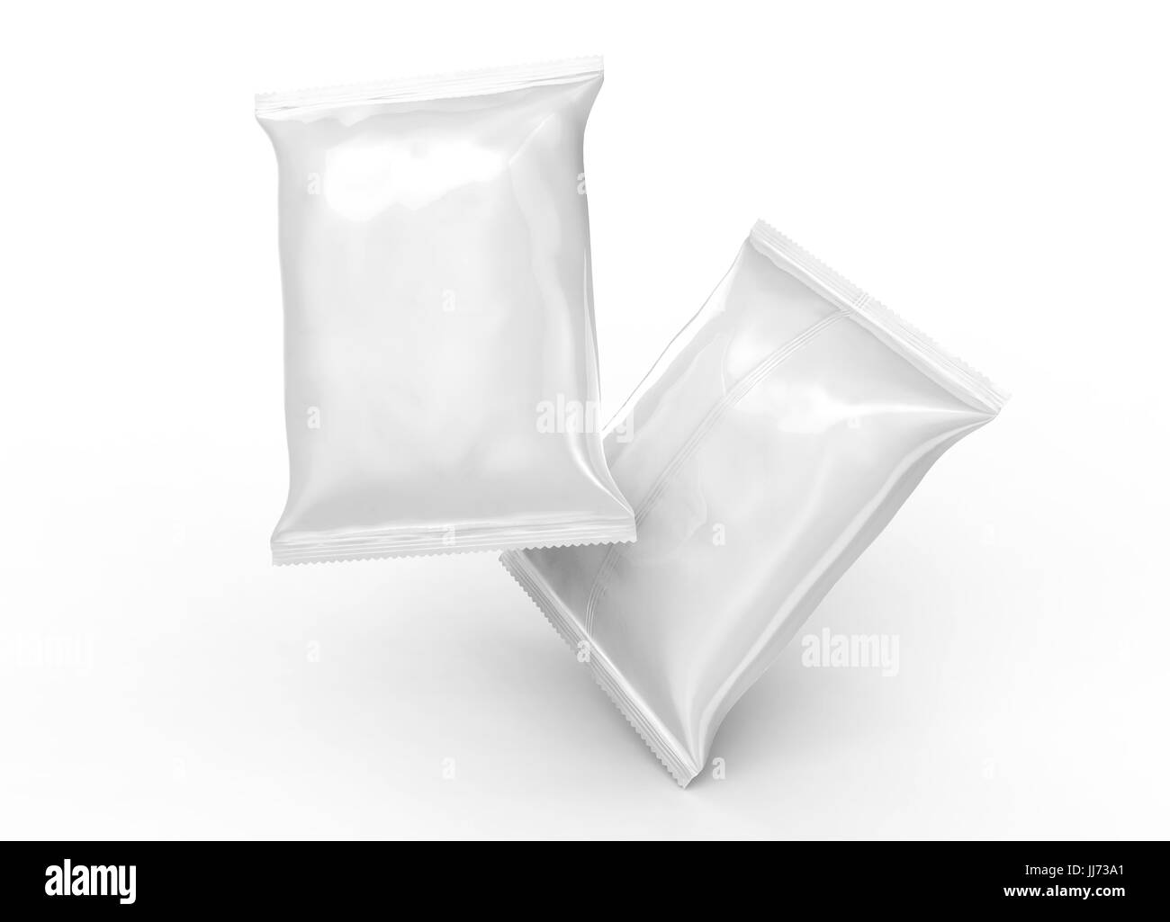 Perle weiße Folie Paket Mockup, nutzt leere Tasche Vorlage für Design in 3D-Rendering, schwebend in der Luft Stockfoto