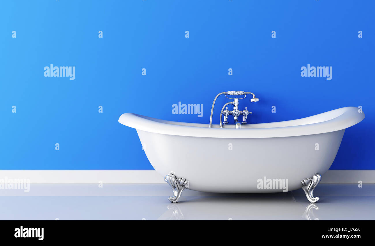 Badewanne und Wasserhahn auf blauen Wand. 3D illustration Stockfoto