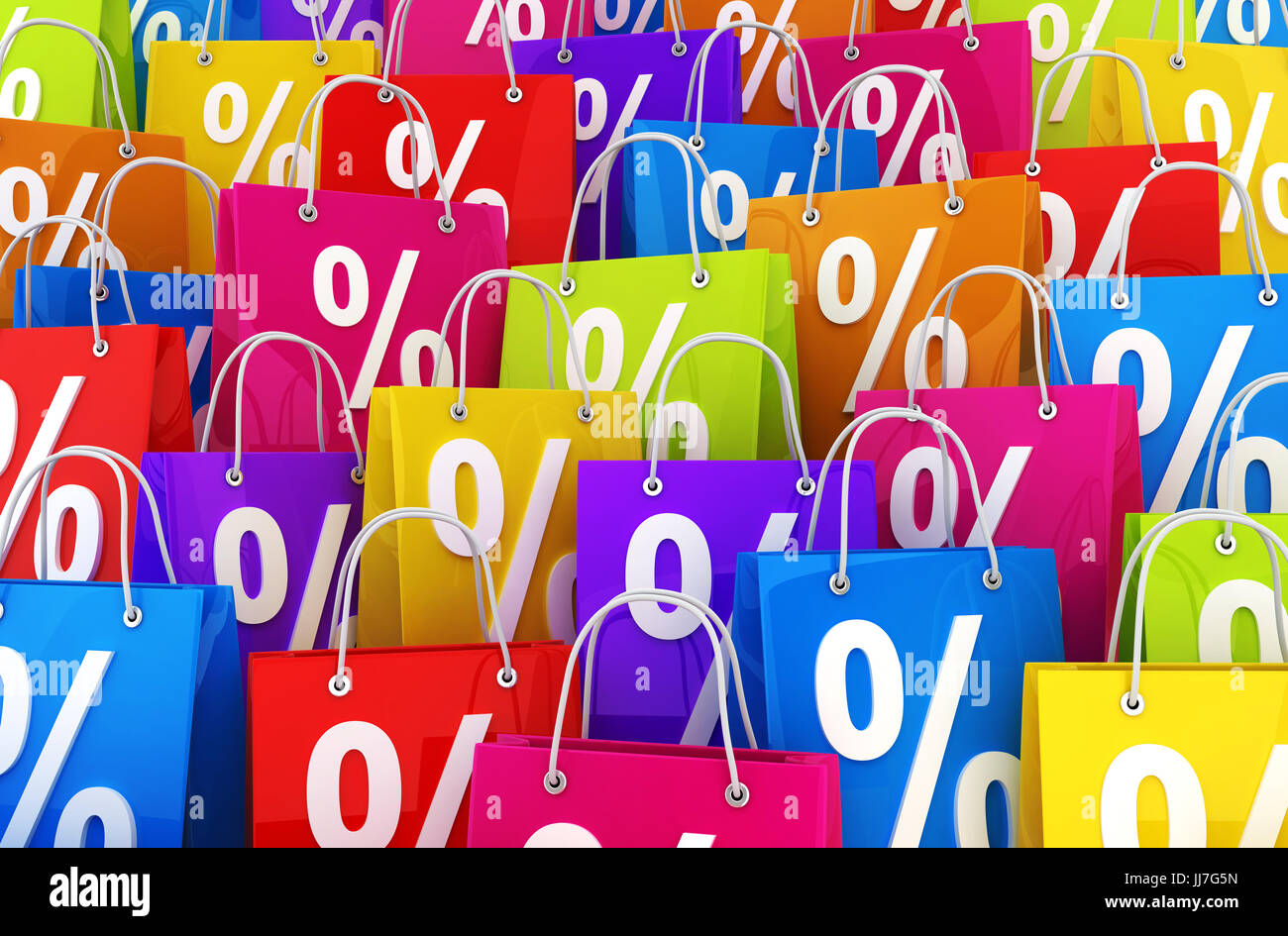 Viele Einkaufstasche und Prozent. 3D illustration Stockfoto