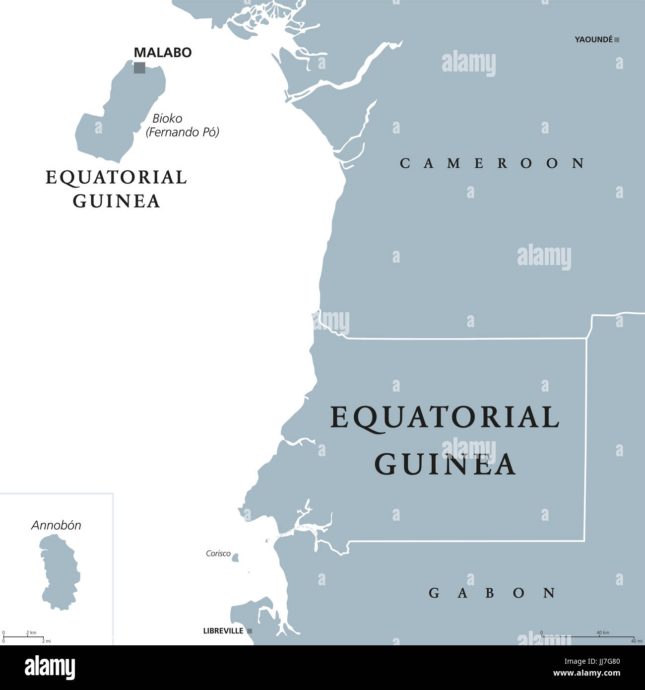 Äquatorial-Guinea politische Karte mit Hauptstadt Malabo auf der Insel Bioko oder Fernando Po. Republik. Land in Zentralafrika. Ehemals spanischen Guinea. Gray Stockfoto