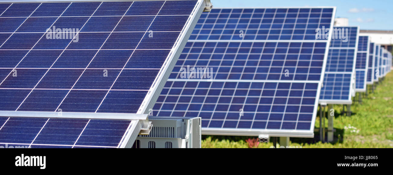 Solar Panels auf dem Feld. Fokus auf den Vordergrund. Stockfoto