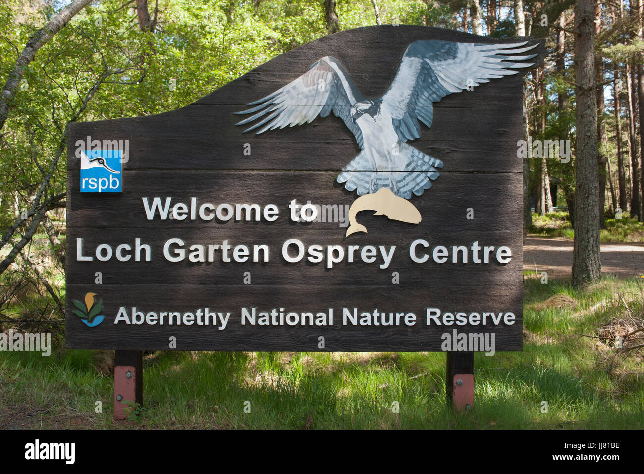Schild für RSPB Loch Garten Osprey Centre, Abernethy National Nature Reserve, Schottland, Britische Inseln Stockfoto
