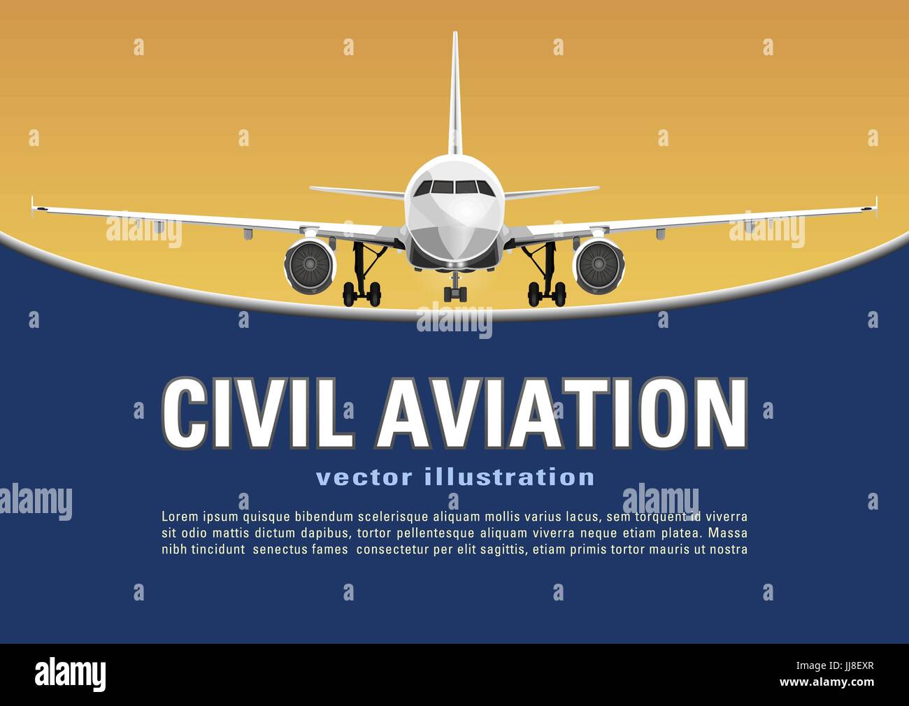 Flugzeug-Vektor. Banner, Poster, Flyer, Karte von Flugzeug auf einem sonnigen gelben Hintergrund und Text auf dem blauen Hintergrund. Kommerzielle Düsenflugzeug voll ins Gesicht Stock Vektor