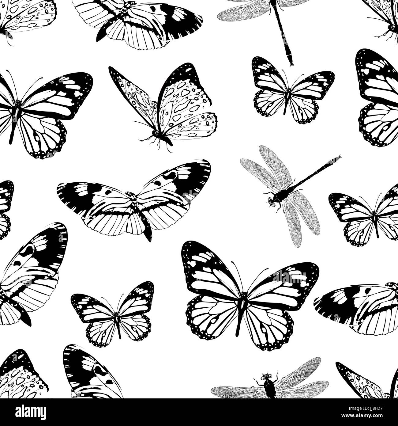 Schmetterlinge und Libellen Musterdesign, monochrome Vektor Hintergrund, Malbuch. Schwarz und weiß verschiedene Insekten auf einem weißen Hintergrund. Für fa Stock Vektor
