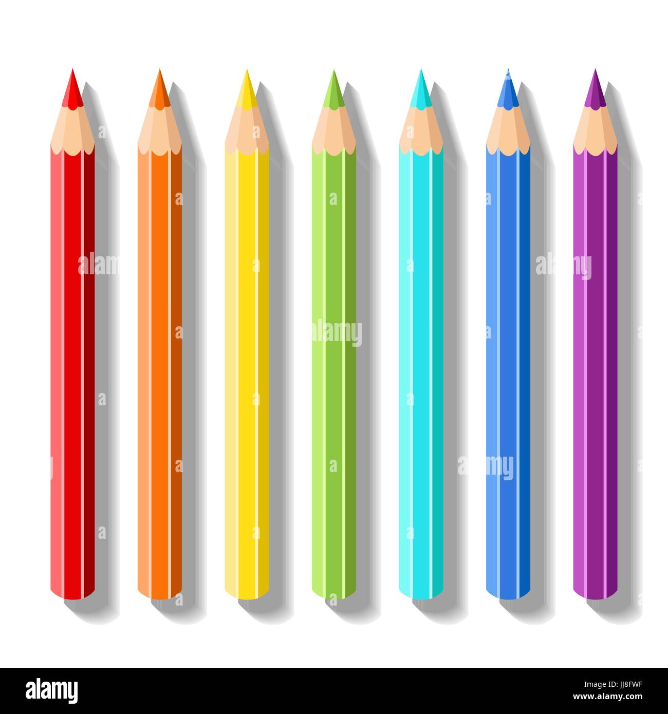 Setzen Sie realistische Buntstifte. Bleistifte der Farben des Regenbogens. Vektor-Malbedarf Zeichenbedarf für Zeichnung, zeichnen, Grafik, Malerei und Kreativität Stock Vektor