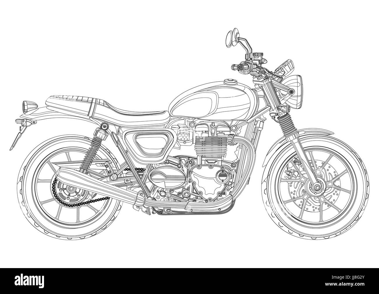 Motorrad-Vektor, Monochrom, schwarz-weiß-Skizze, Malbuch. Schwarzen Umrisszeichnung Motorrad halbe Gesicht mit vielen details Stock Vektor