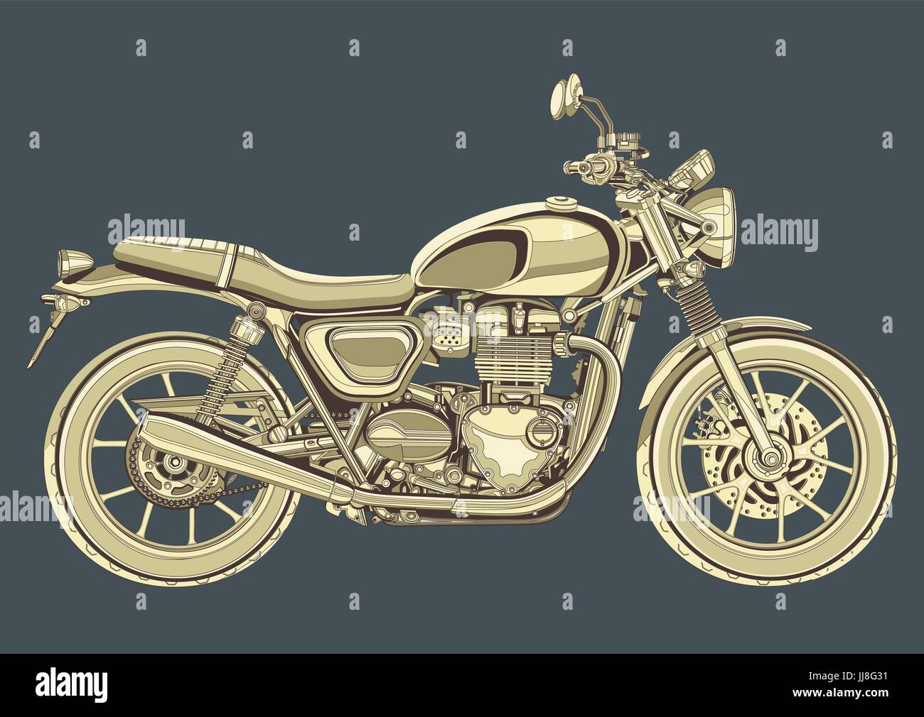 Motorrad-Vektor, Jahrgang zeichnen. Gelbe Motorrad halbe Gesicht mit vielen Details auf einem grauen blauen Hintergrund Stock Vektor