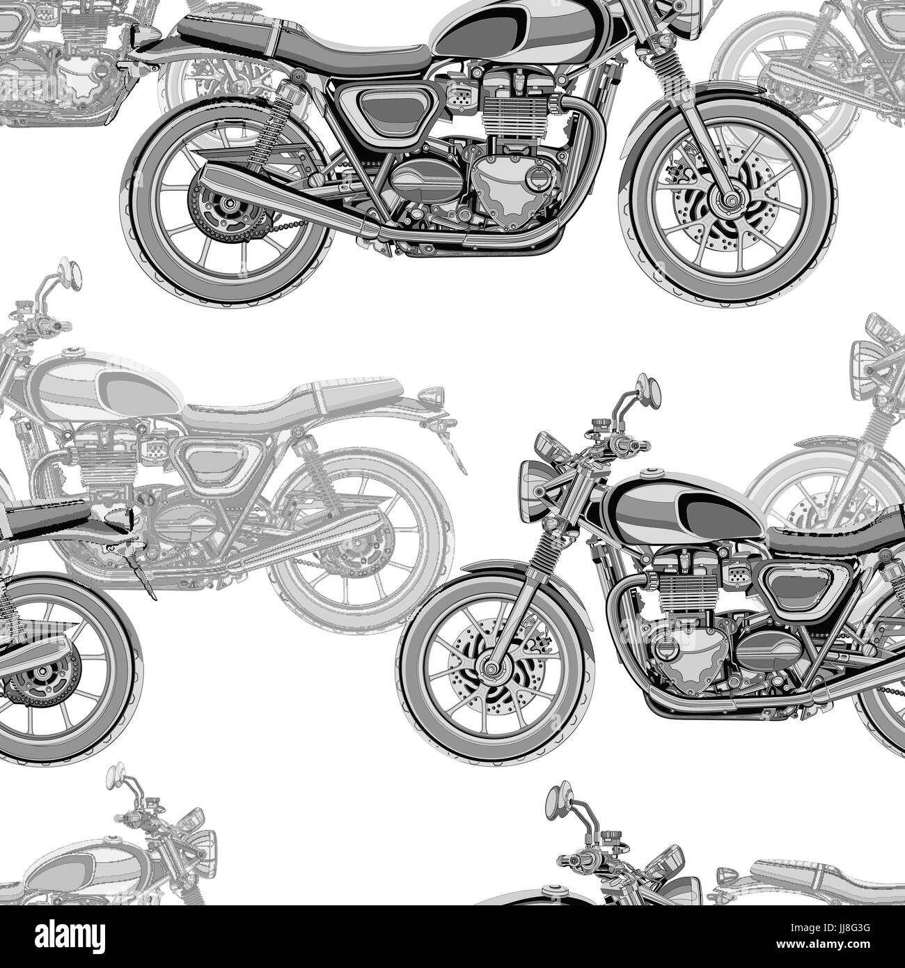 Motorrad Musterdesign, Vektor Hintergrund. Monochrome Darstellung. Schwarz / weiß-Motorräder mit vielen Details auf einem weißen Hintergrund. Für Tapetendesign, Stoff, Wrapper Stock Vektor