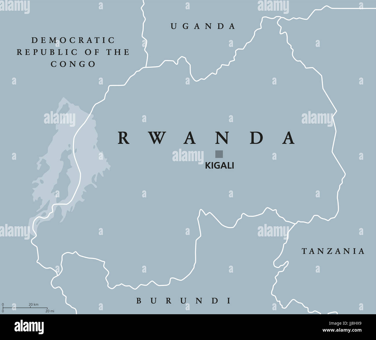 Ruanda politische Karte mit Hauptstadt Kigali. Republik und souveränen Staat, befindet sich in Zentral- und Ostafrika. Land in der Region der großen Seen. Stockfoto