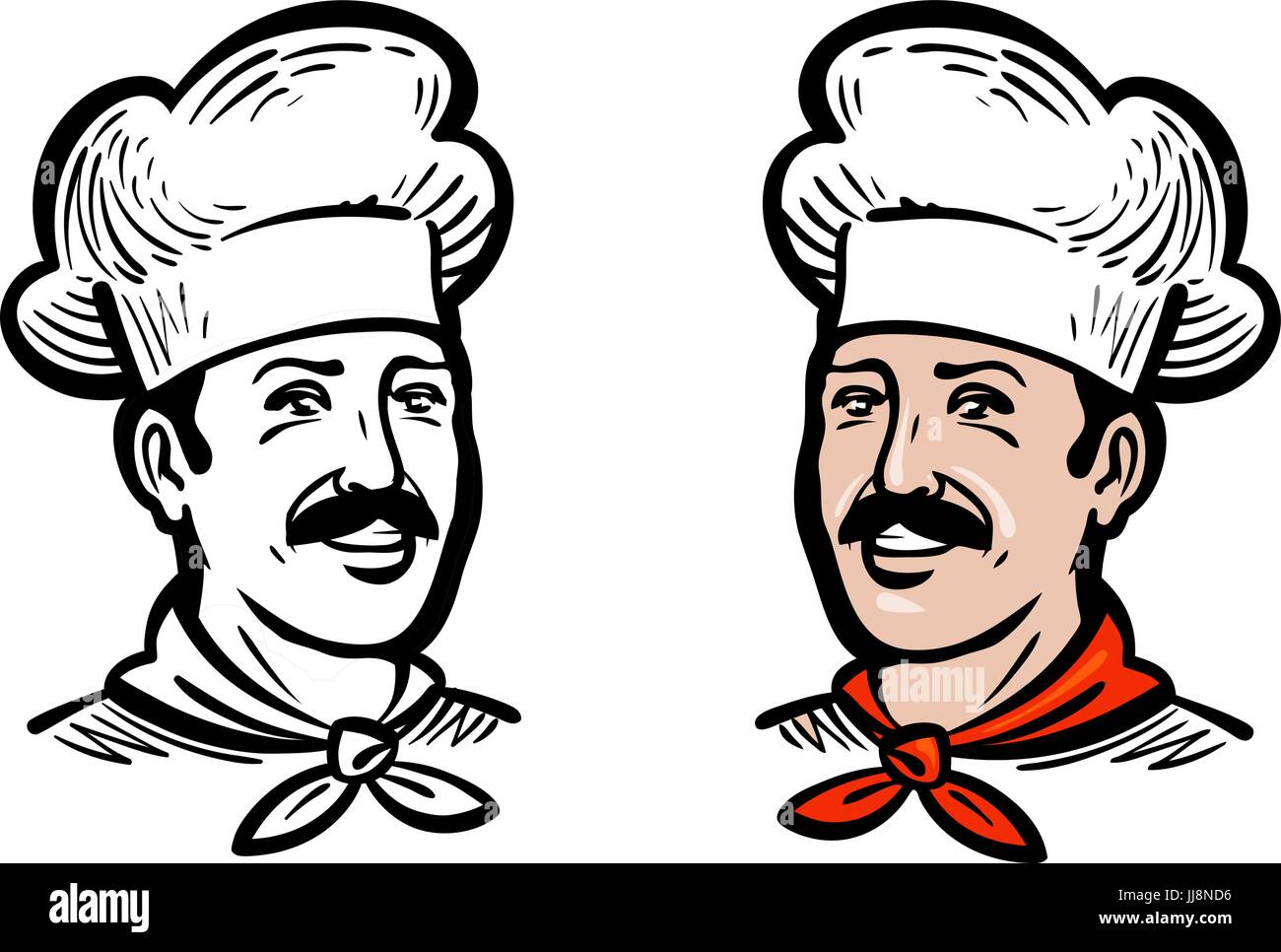 Porträt der fröhliche Koch oder Bäcker, Logo. Etikett oder Symbol für Design-Menü Restaurant oder Café. Vektor-illustration Stock Vektor