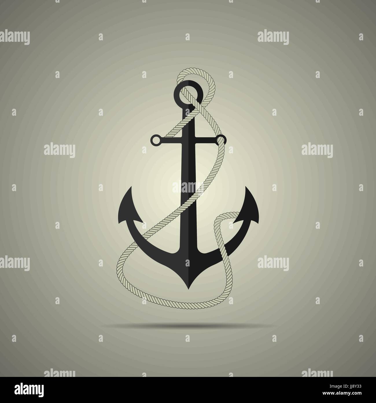 Anker mit Seil Icon, flache, schwarze und weiße Farben, Konzept Stock Vektor