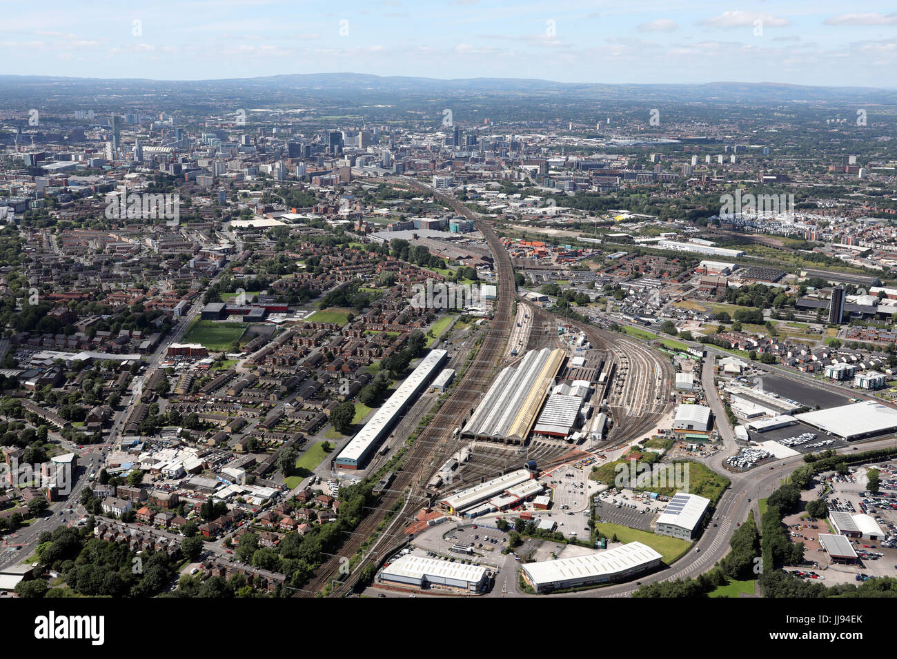 Luftaufnahme von British Rail Anschlussgleise in Longsight, Manchester, UK Stockfoto