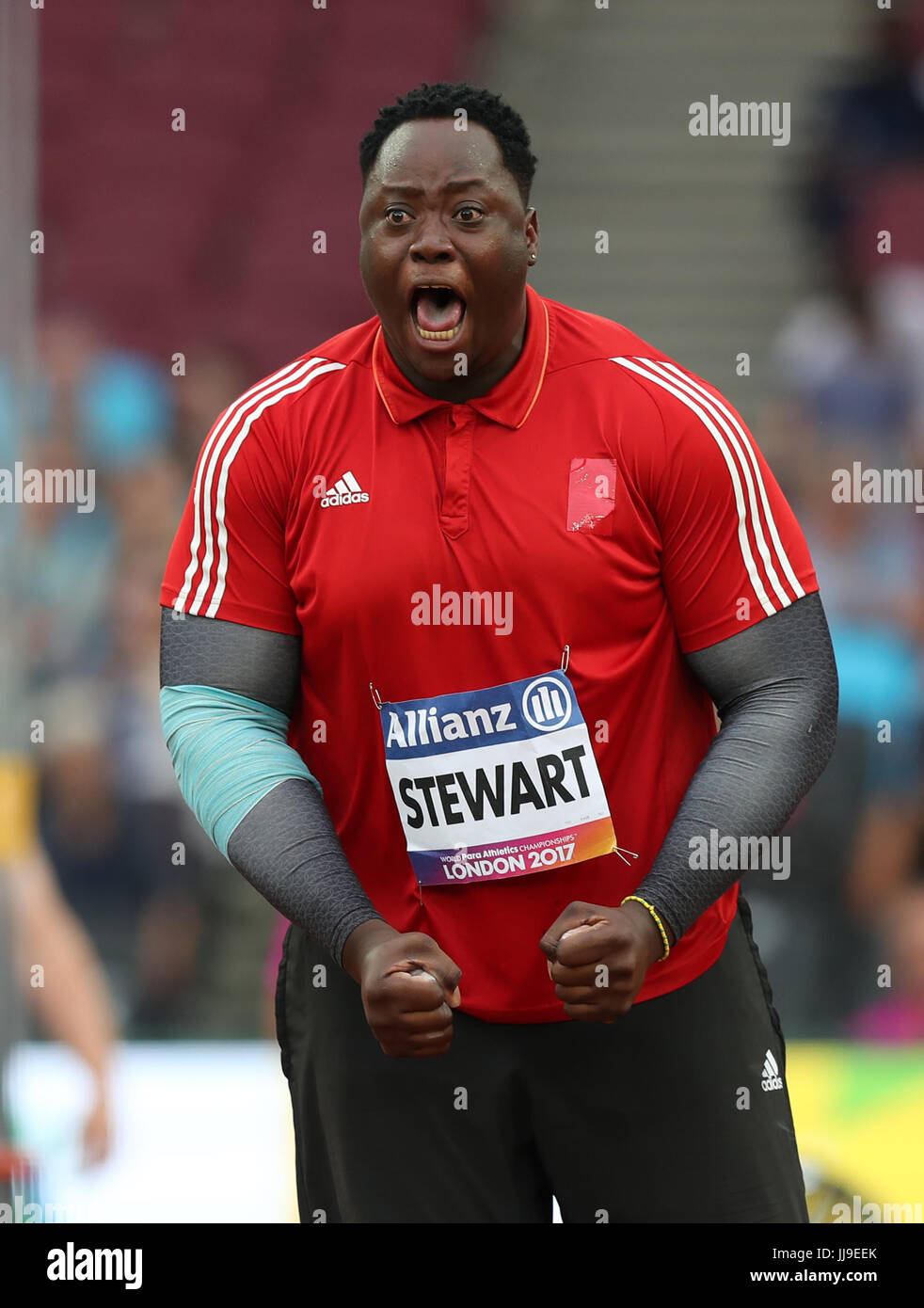 Trinidad und Tobago Akeem Stewart reagiert auf einen guten Wurf, während die Männer Speer werfen F44 letzte Tag fünf der 2017 Para Leichtathletik-Weltmeisterschaften in London Stadion. Stockfoto