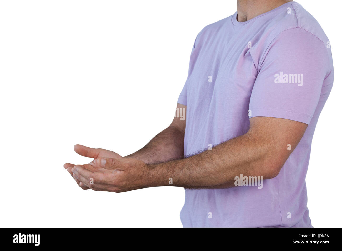 Mittelteil schalenförmig Mann mit Händen halten unsichtbares Produkt vor weißem Hintergrund Stockfoto