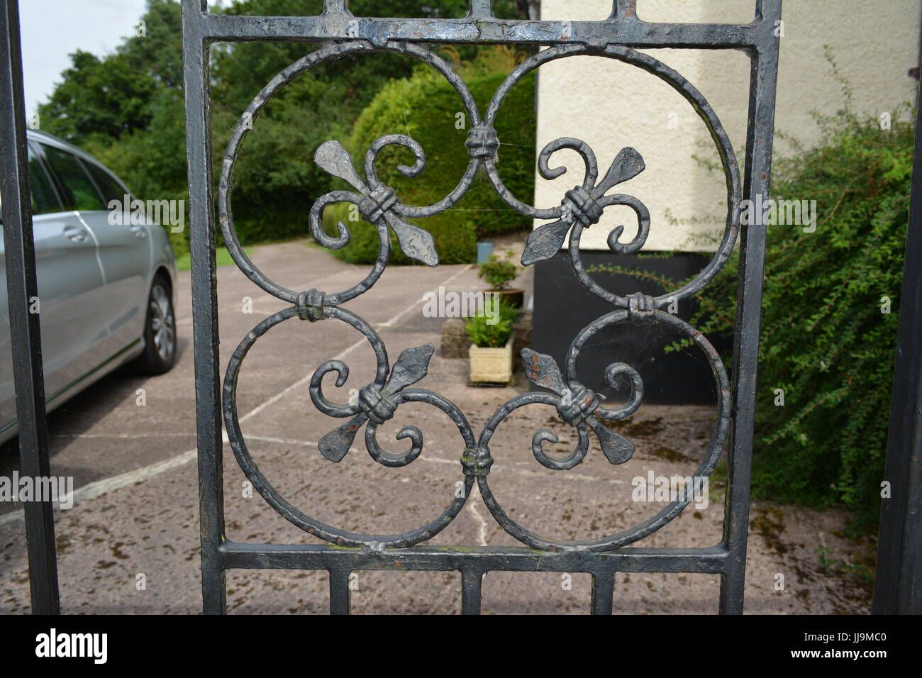 Fleur de Lis lys Nahaufnahme Detail von Verwitterten schwarz lackiert dekorative Metal Gate re Architektur Design schmiedeeiserne Arbeit Erbe Stockfoto
