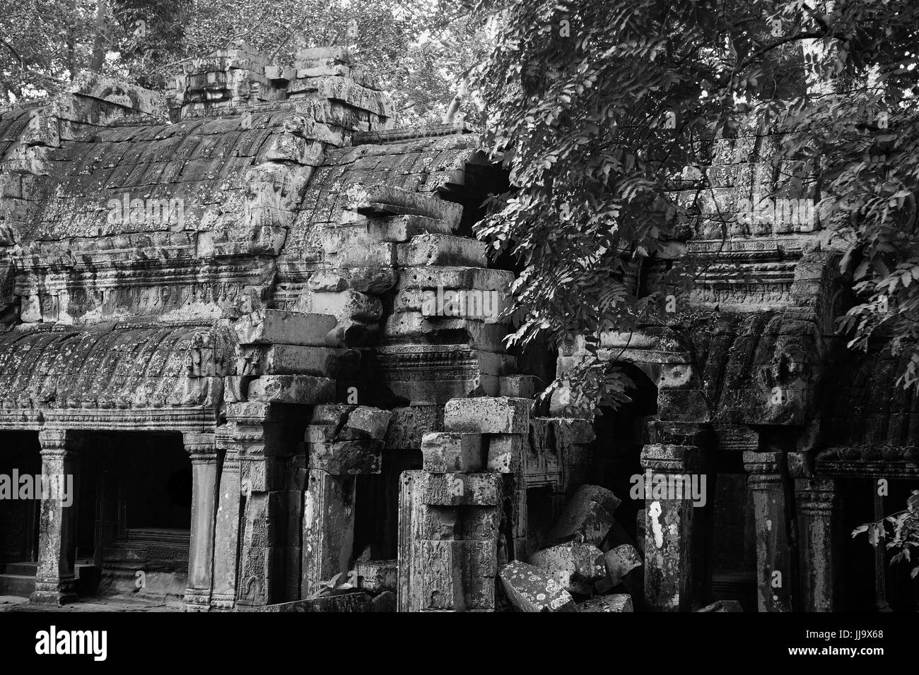 Ein Teil der zerstörten Innenhof, Ta Prohm, Angkor, Siem Reap, Kambodscha: Schwarz und Weiss Stockfoto