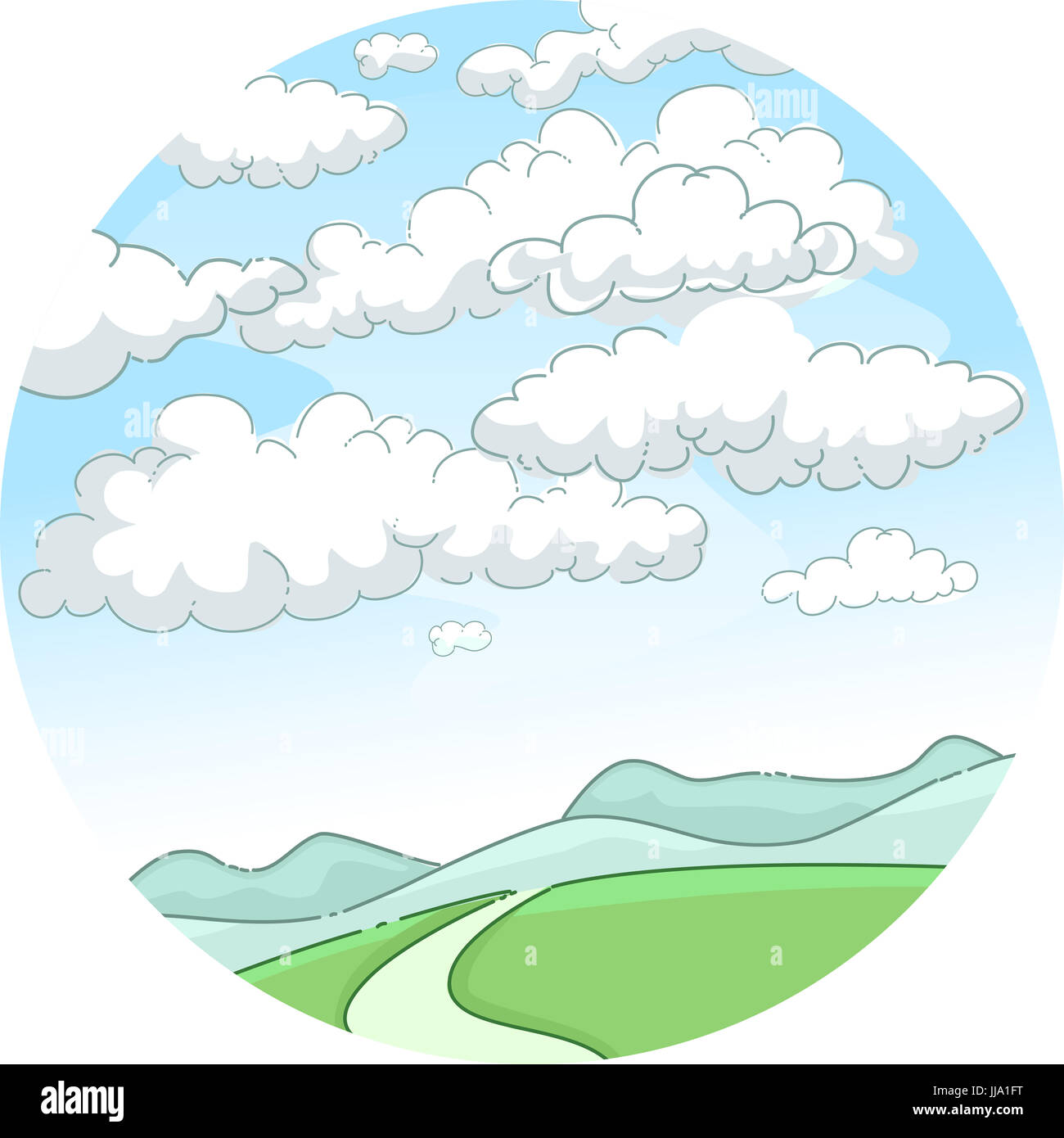 Skurrile Illustration einer Szene Gebirge umrahmt von blauen Himmel durch flauschige weiße Wolken behindert Stockfoto