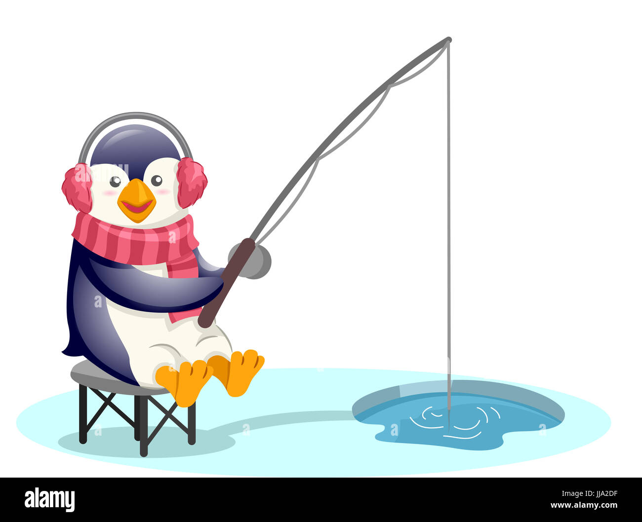 Maskottchen Abbildung von einem niedlichen Pinguin trug Ohrenschützer und einen Schal Pole Fishing durch ein Loch im Eis Stockfoto